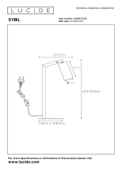 Lucide SYBIL - Bureaulamp - 1xGU10 - Zwart - technisch